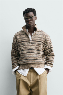 ZARA СВИТЕР С ВОРОТНИКОМ НА МОЛНИИ ИЗ СКРУЧЕННОЙ ПРЯЖИ, СВЕТЛО-КОРИЧНЕВЫЙ