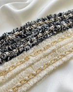 Тесьма черно-белая с жемчугом и золотистой цепью