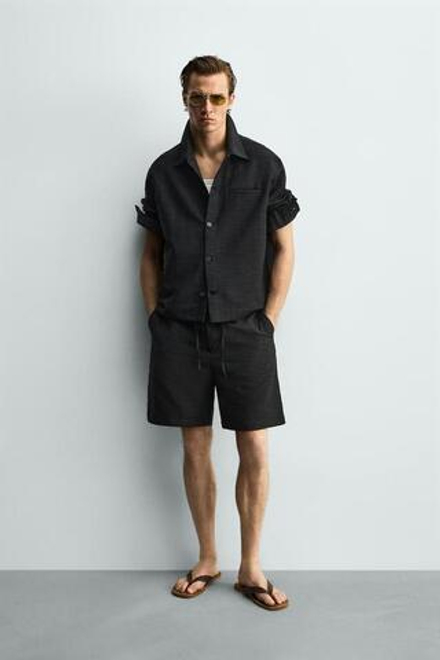 ZARA СВОБОДНЫЕ ШОРТЫ ИЗ СМЕСОВОЙ ТКАНИ, ЧЕРНЫЙ