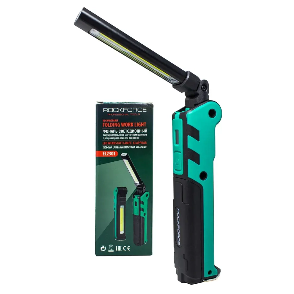 Лампа светодиодная аккумуляторная с магнитом(5W/3WCOB,150/360Lumen,3.7V,2000mAh,t зарядки 4ч,USB провод,защита гнезда зарядки,поворотная 270гр) RockForce##Rock FORCE RF-EL2301
