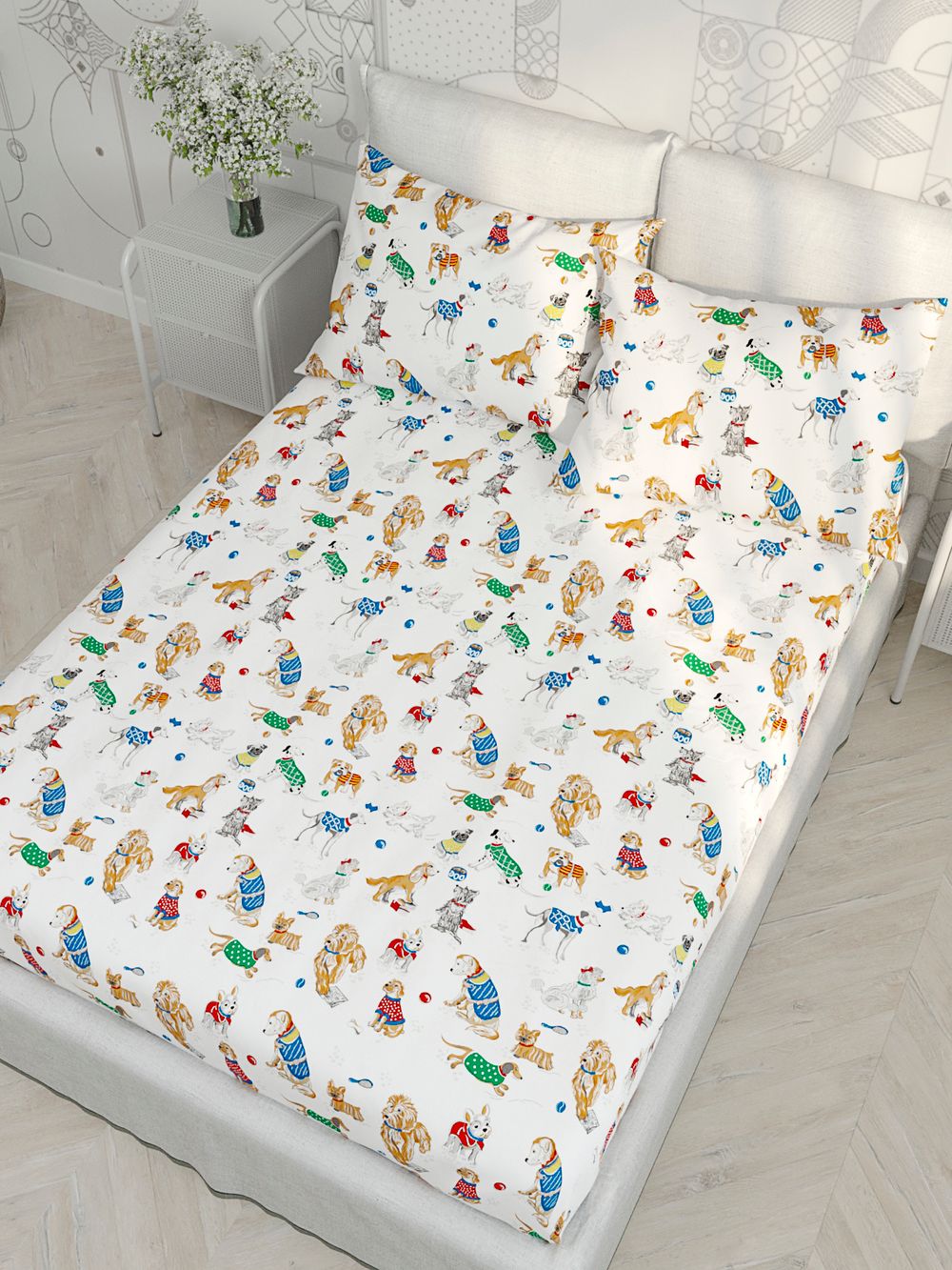 Простынь на резинке Сказка "Dogs on white" 120х200 см, перкаль