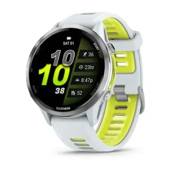 Умные часы Garmin Forerunner 970 с серебристым безелем и желто-белым ремешком