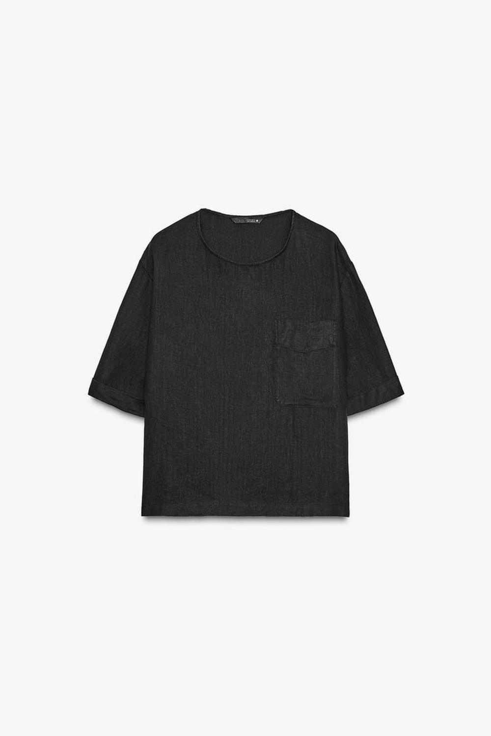 ZARA ТОП ИЗ ЛЬНА С КОРОТКИМИ РУКАВАМИ ZW COLLECTION, ЧЕРНЫЙ