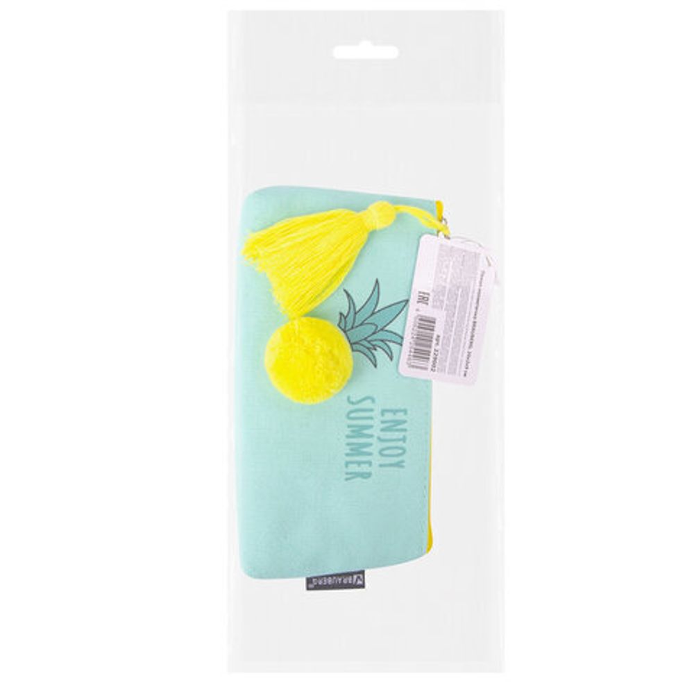 Пенал-косметичка BRAUBERG, канвас с объемной аппликацией, "Ananas", 20х3х9 см, 229002