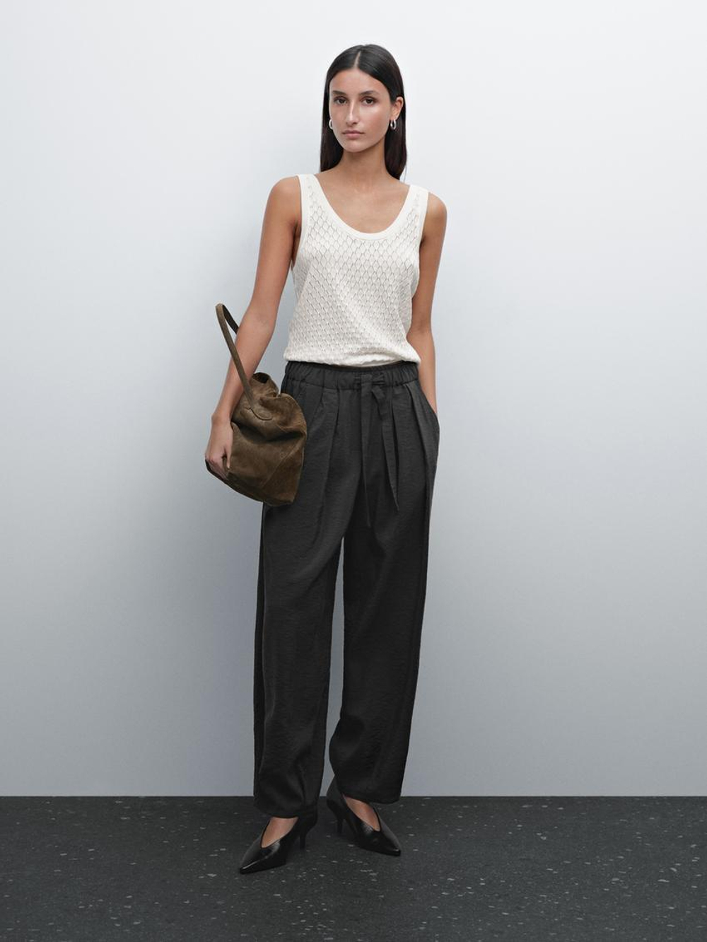 Massimo Dutti Трикотажный топ ажурной вязки с узором «ромбы», натуральный, кремовый