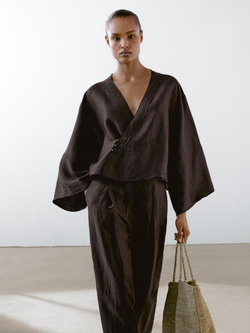 Massimo Dutti Кимоно из смесового льна внахлест, баклажанный