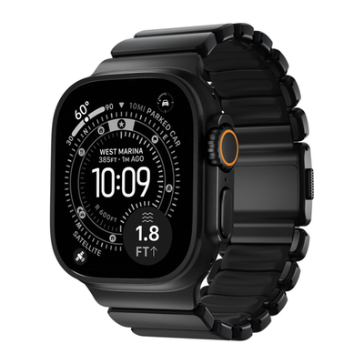 Титановый блочный браслет Nomad Stratos Band для Apple Watch 44, 45, 46 мм и Ultra 2–3 Водостойкий гибридный браслет из титана 4-го класса с алмазоподобным покрытием и фторэластомера с магнитной застёжкой. На запястье обхватом 130–200 мм