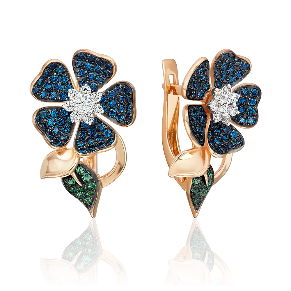 Серьги «Синие цветы» с английским замком из красного золота с фианитами