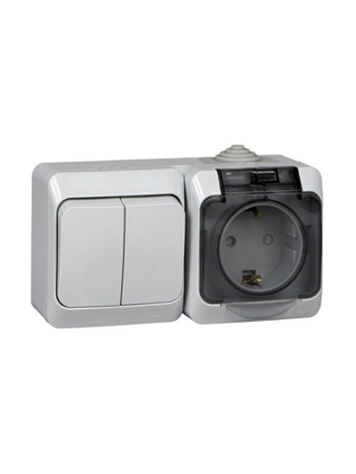 Блок ОП Этюд (1-м розетка 16А 250В евростандарт с заземл. защ. шторки + 2-кл. выкл.) IP44 сер. SE BPA16-242C
