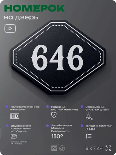 Номерок на дверь квартиры 646, для кабинета, офиса, шильдик 9 х 7 см, черный, Айдентика Технолоджи
