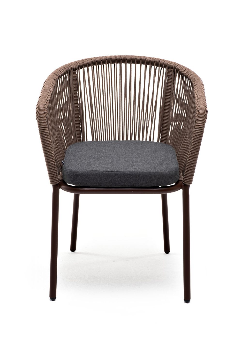 "Марсель" стул плетеный из роупа, каркас алюминий коричневый (RAL8016) муар, роуп коричневый круглый, ткань темно-серая 019