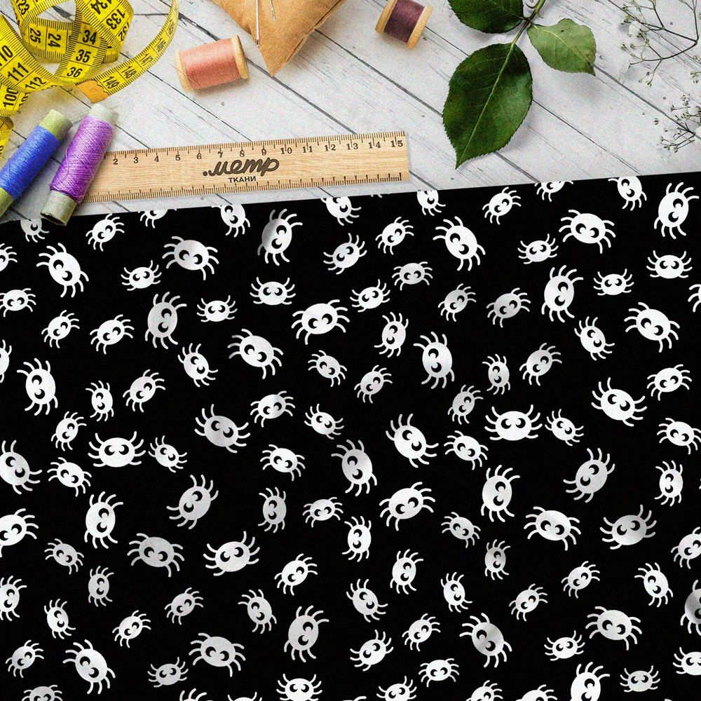 Ткань ниагара белые пауки на чёрном фоне