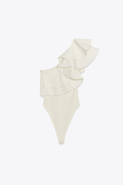 ZARA КОМБИНИРОВАННОЕ БОДИ АСИММЕТРИЧНОГО КРОЯ С ВОЛАНОМ, ЭКРЮ