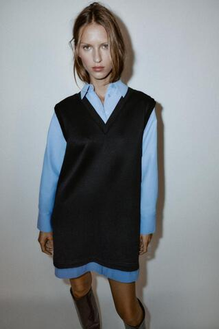 ZARA МИНИ-ПЛАТЬЕ ИЗ КОМБИНИРОВАННОГО ПОПЛИНА, СИНИЙ/ЧЕРНЫЙ