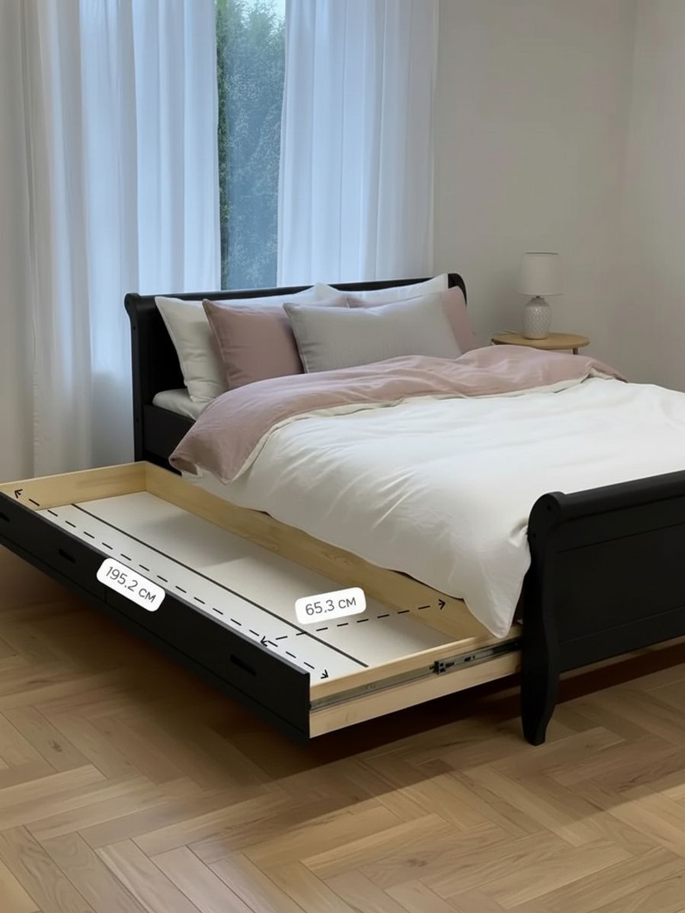 Кровать двуспальная 160х200 Мелания с выдвижными ящиками для белья, массив березы, черный, Dipriz