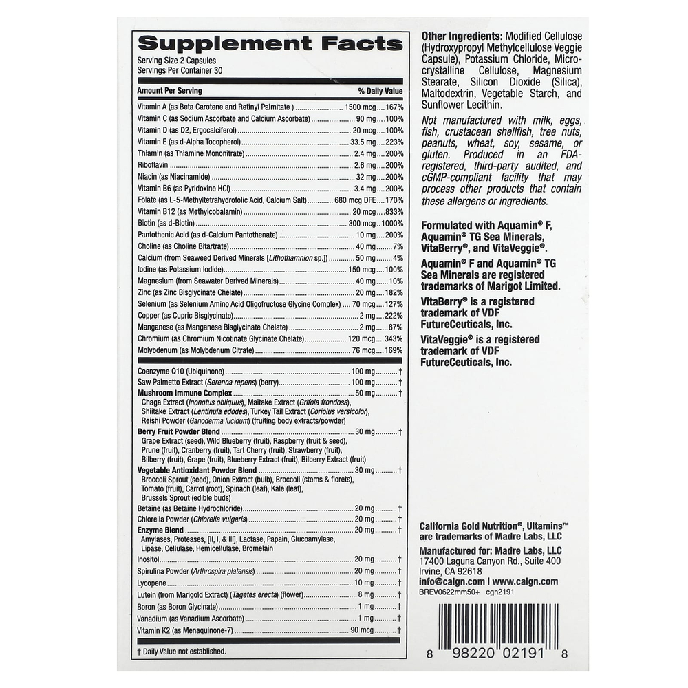 California Gold Nutrition, Ultamins, мультивитамины для мужчин старше 50 лет, с коэнзимом Q10, грибами, ферментами, овощами и ягодами, 60 растительных капсул