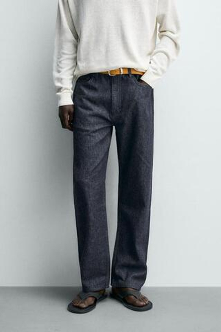 ZARA ДЖИНСЫ STRAIGHT FIT ИЗ ХЛОПКА И КОНОПЛИ, СИНИЙ