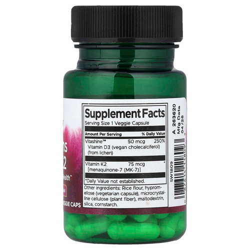 Swanson, Витамины D3 и K2, 60 растительных капсул