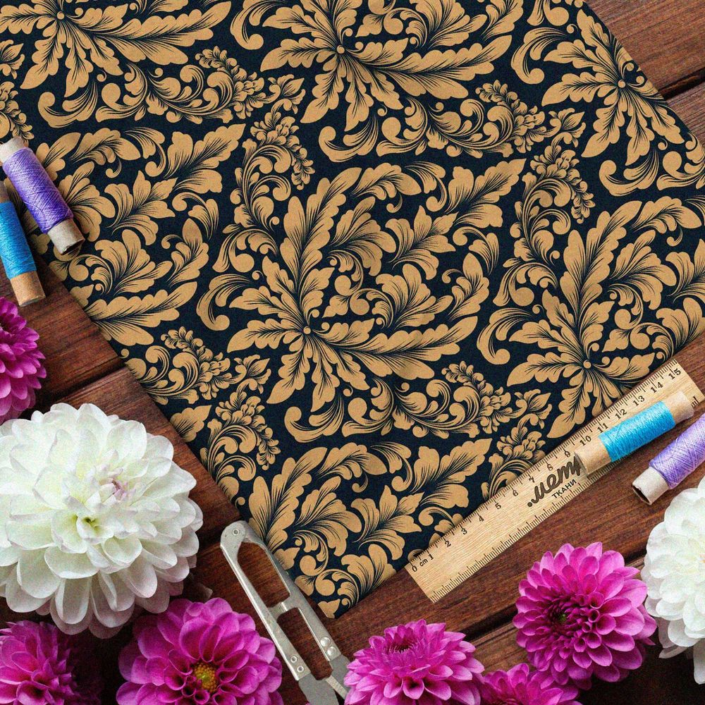 Ткань габардин бронзовый симметричный узор на чёрном фоне