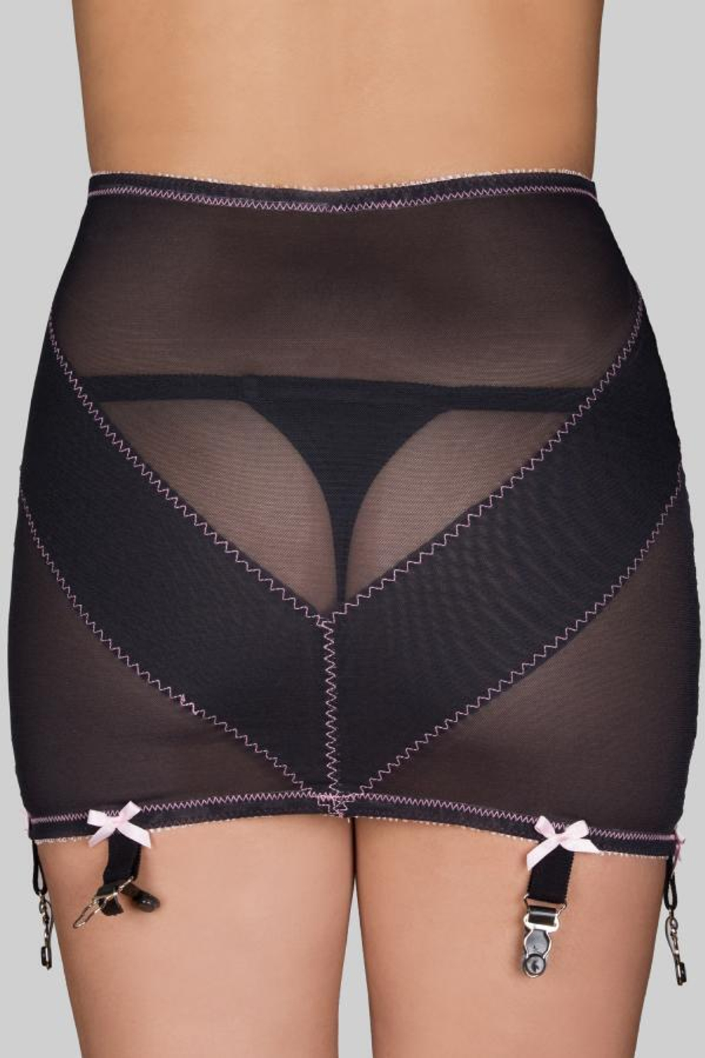 Полупрозрачный широкий пояс для чулок с бантиками (Размер: L) (Цвет: черный с розовым)