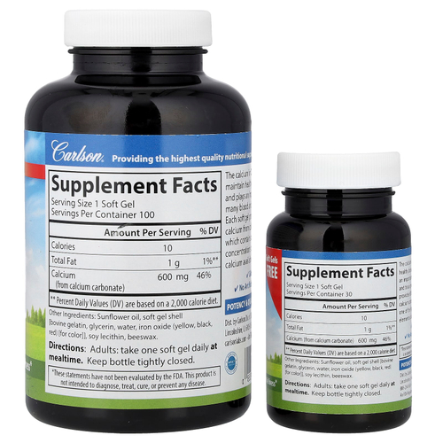 Carlson, Cal-600, с жидким наполнителем, 600 мг, 100 + 30 капсул