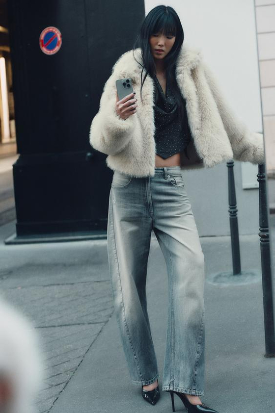 ZARA ДЖИНСЫ TRF BAGGY BALLOON СО СРЕДНЕЙ ПОСАДКОЙ, ГОЛУБОЙ