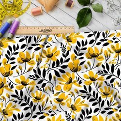 Ткань премиум шелк искусственный Армани желто-черная цветочная фантазия