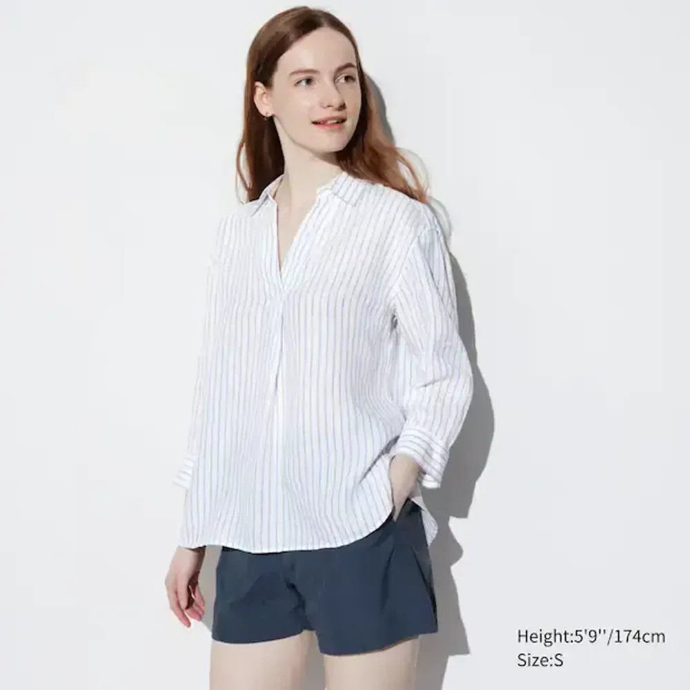 UNIQLO РУБАШКА В ПОЛОСКУ С 3/4 РУКАВАМИ И ШКИПЕРСКИМ ВОРОТНИКОМ ИЗ 100% ЛЬНА ПРЕМИУМ-КЛАССА, ЖЕЛТОВАТО-БЕЛЫЙ