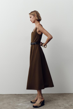 ZARA ПЛАТЬЕ-МИДИ С ПОЯСОМ, КОРИЧНЕВЫЙ