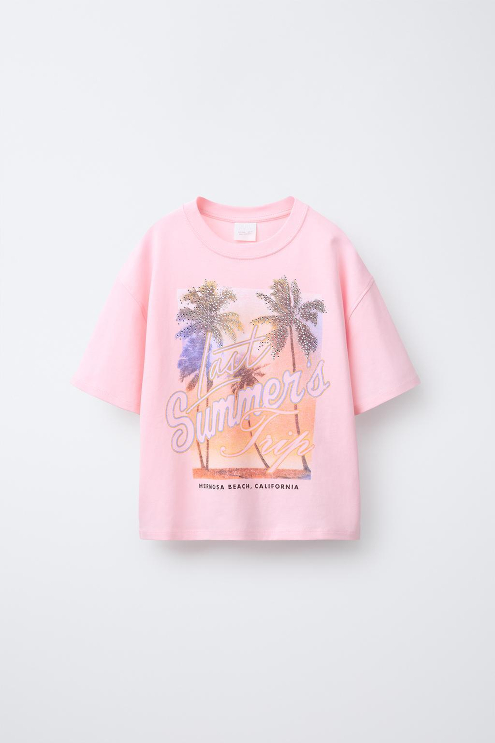 ZARA ФУТБОЛКА С ПРИНТОМ «ФЕСТИВАЛЬ» СО СТРАЗАМИ, РОЗОВЫЙ