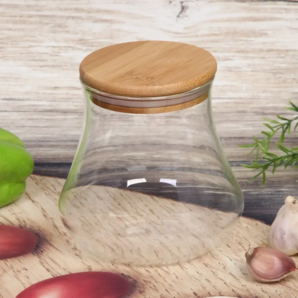 Банка для продуктов стеклянная 700мл «Хай-Тек» с бамбуковой крышкой, груша