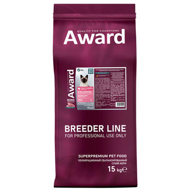 Сухой корм AWARD PFB Monoprotein для взрослых кошек с индейкой, яблоками и артишоками 15кг