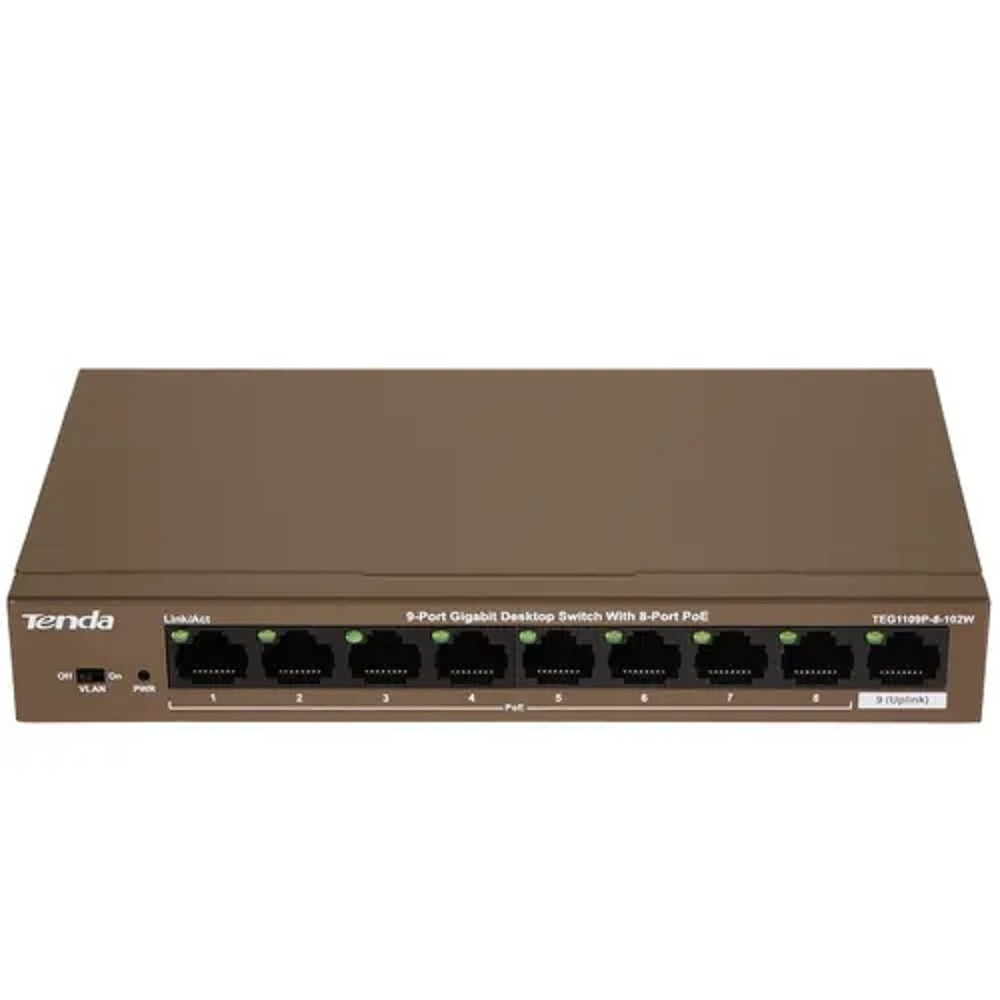 TENDA TEG1109P-8-102W Коммутатор настольный 9-Ports 10/100/1000 Base-T 8-Ports PoE(PoE бюджет 92W)