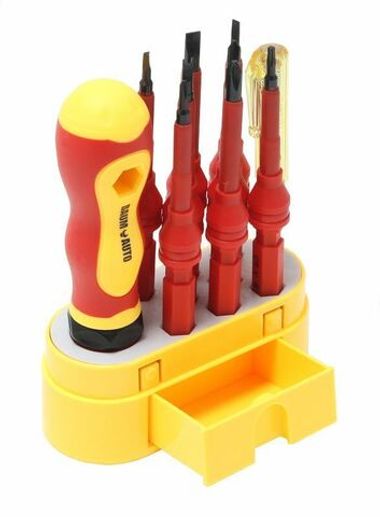 Отвертка диэлектрическая, со сменными насадками:PH0,PH2,SL3.0,SL6.0,Y1,T10,U2,трехгранная4.0 в комплекте с пробником.(10пр.) впластиковом футляре. Baum Auto##BaumAuto BM-3031210