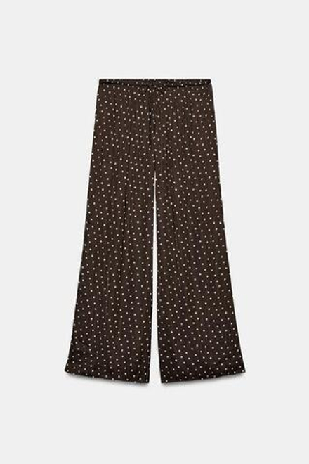 ZARA СВОБОДНЫЕ БРЮКИ ПАЛАЦЦО В ГОРОШЕК, КОРИЧНЕВЫЙ/ЭКРЮ