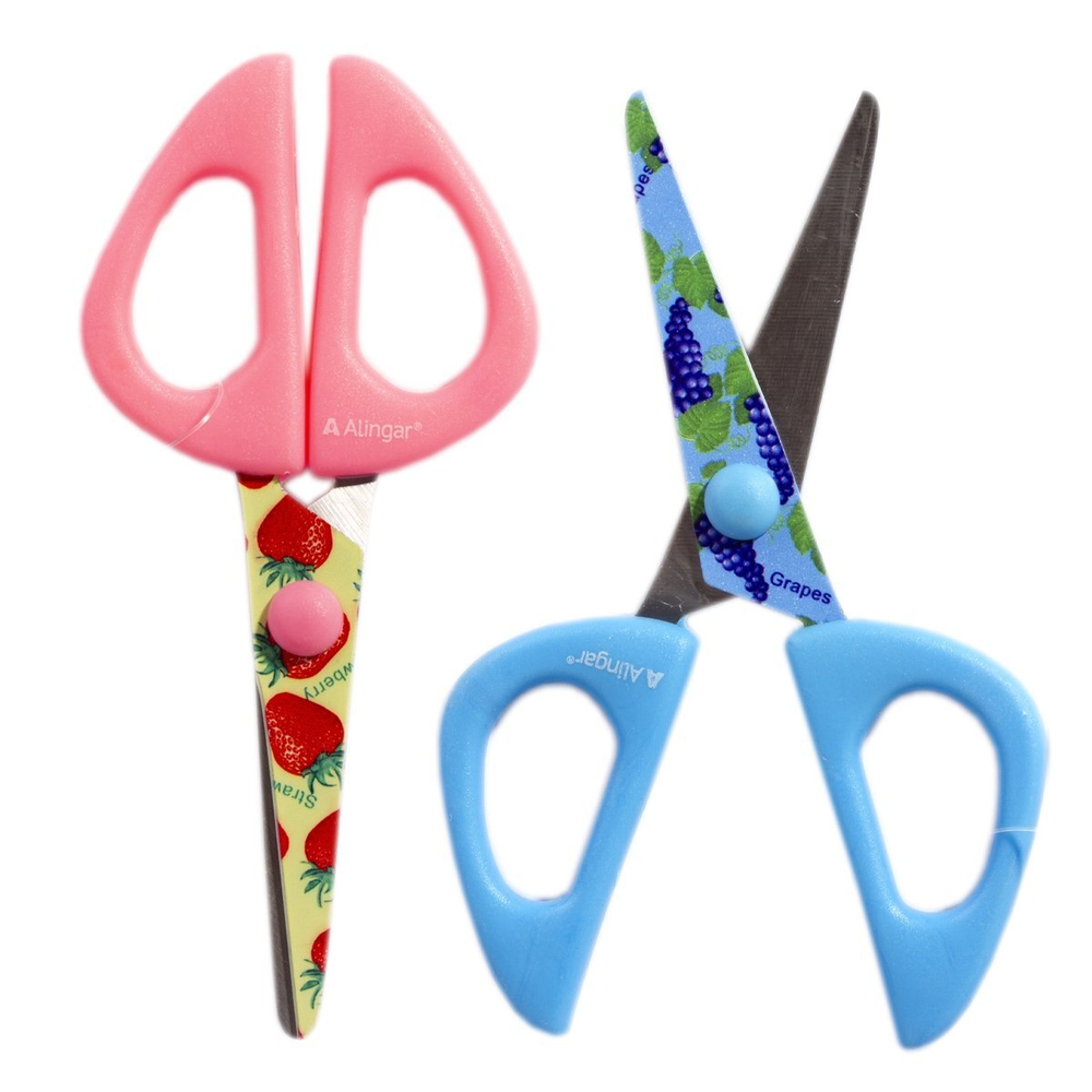 Ножницы детские, Alingar, 13 см, пластиковые ручки, принт на лезвии, закругленные концы, "Ягодный микс", три цвета, картонный стенд