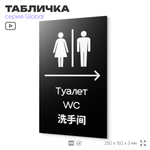 Табличка Туалет направо, на дверь и стену, информационная и мультиязычная (русский, английский, китайский), серия GLOBAL, 25х15 см, Айдентика Технолоджи
