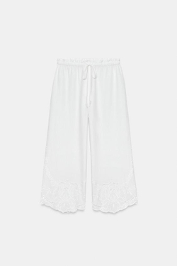 ZARA БРЮКИ С ВЫШИВКОЙ И ЛЬНОМ — ZW COLLECTION, ЖЕЛТОВАТО-БЕЛЫЙ