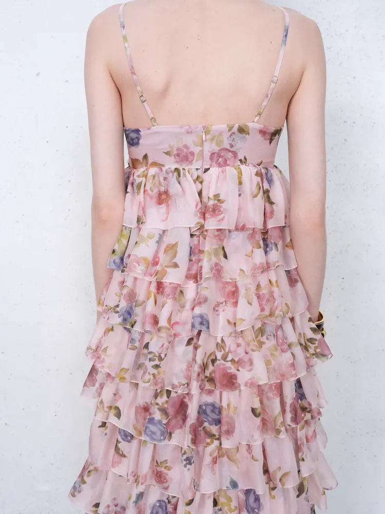 Уиллоу макси (Willow maxi), платье макси из розового шифона с цветочным принтом и розой