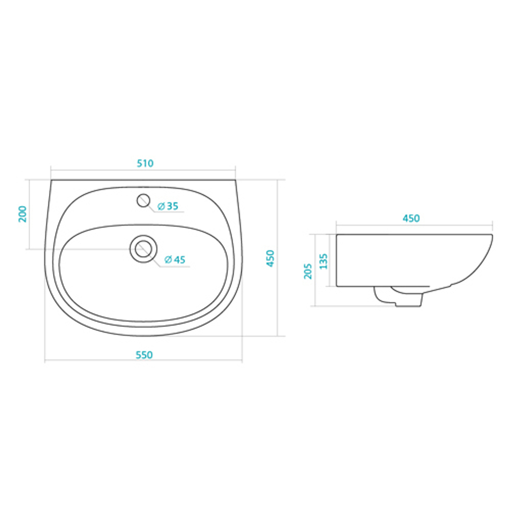 Раковина подвесная Santek Анимо 55см. 1.WH11.0.502 схема