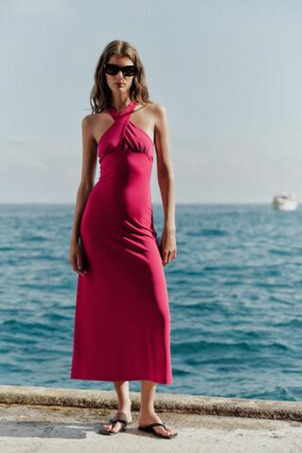 ZARA ДЛИННОЕ ПЛАТЬЕ ИЗ СТРУЯЩЕЙСЯ ТКАНИ, МАЛИНОВЫЙ