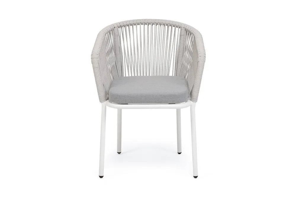 "Марсель" стул плетеный из роупа, каркас алюминий белый муар, роуп светло-серый меланж круглый tex, ткань светло-серая