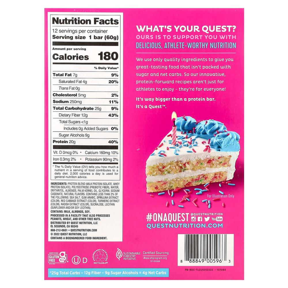 Quest Nutrition, протеиновый батончик, со вкусом праздничного торта, 12 батончиков, 60 г (2,12 унции) каждый