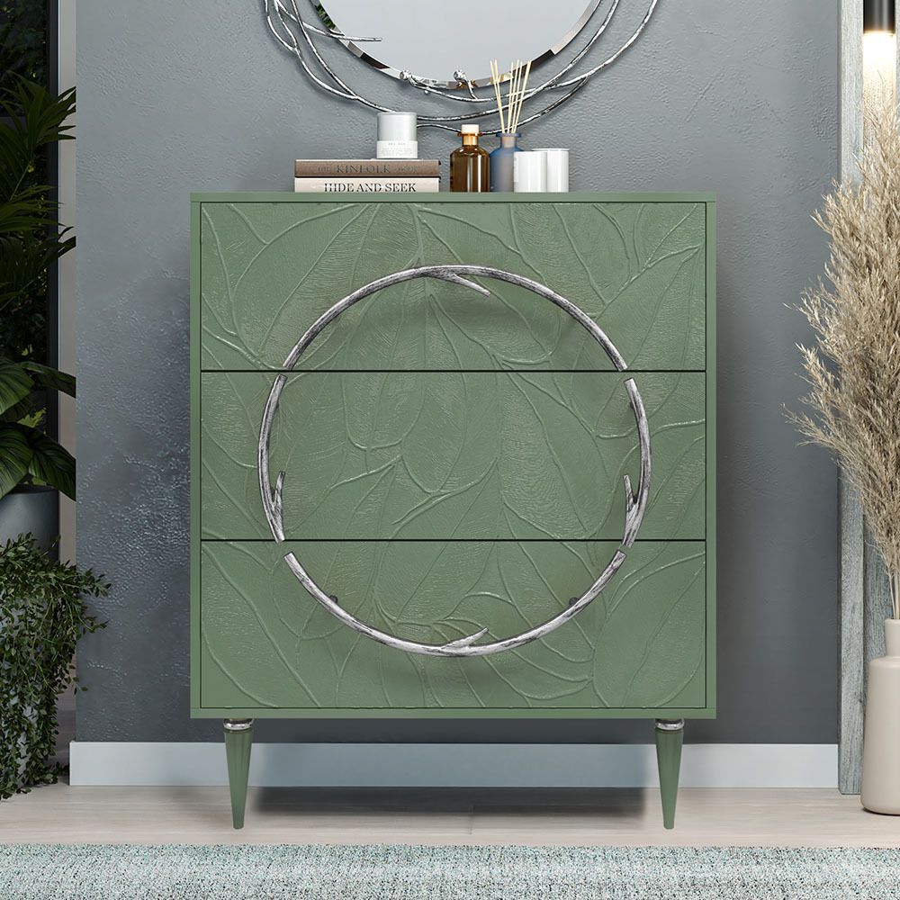 Комод Арт Колор leaves Классик Сильвер с 3 ящиками Зеленый нефрит