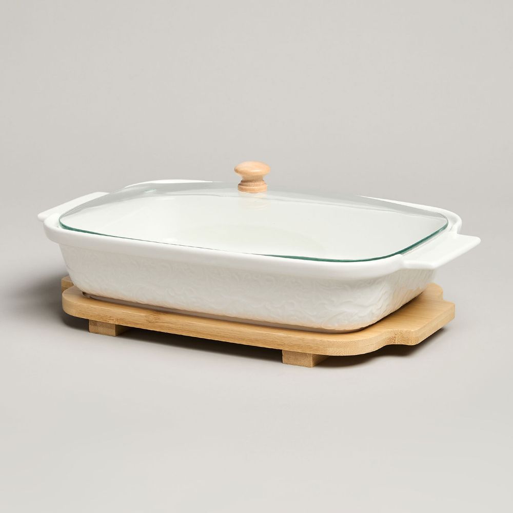 БЛЮДО ДЛЯ ВЫПЕКАНИЯ И СЕРВИРОВКИ LEFARD "MUSE" СО СТЕКЛ.КРЫШКОЙ НА ДЕР.ПОДСТАВКЕ 27,5*17*9СМ 900МЛ