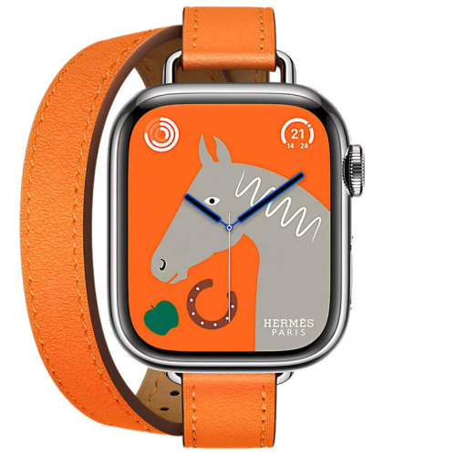 Apple Watch Series 9 Hermes 41 mm, двойной тонкий кожаный ремешок оранжевого цвета