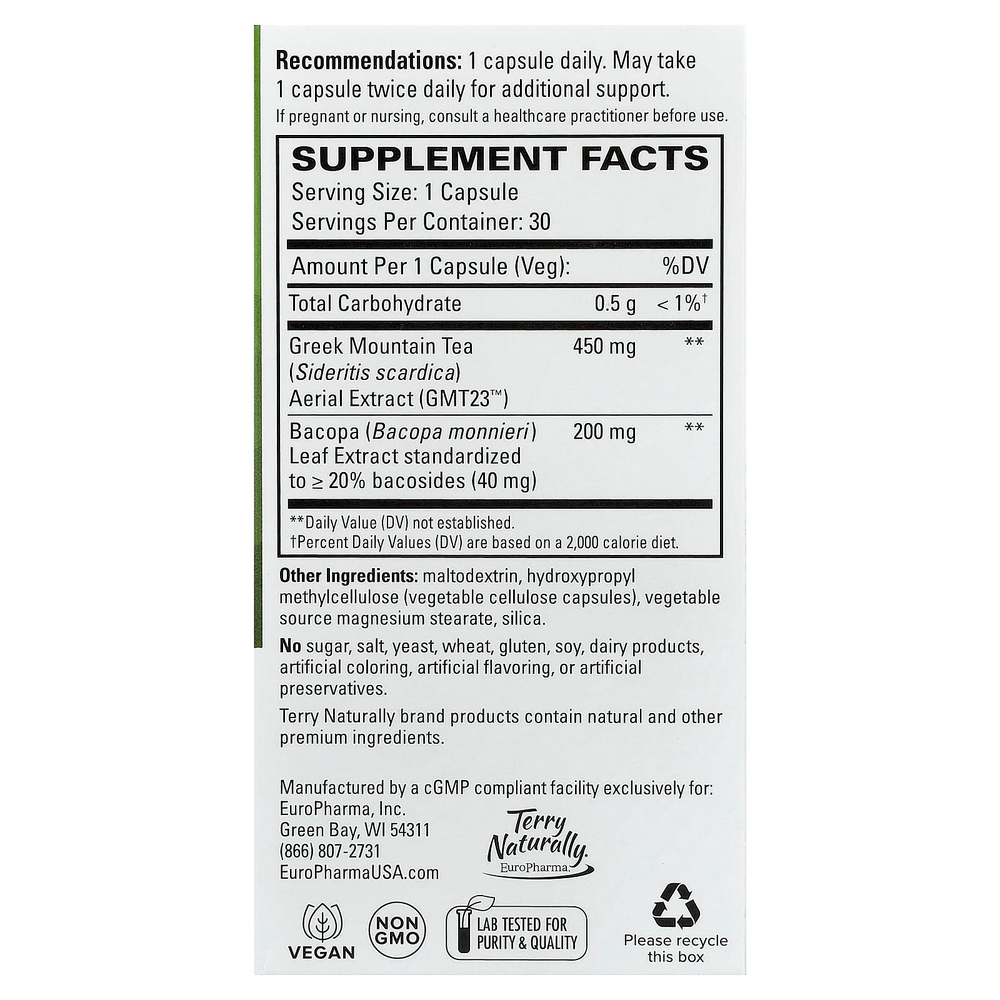 Terry Naturally, Греческий горный чай + бакопа, 30 капсул