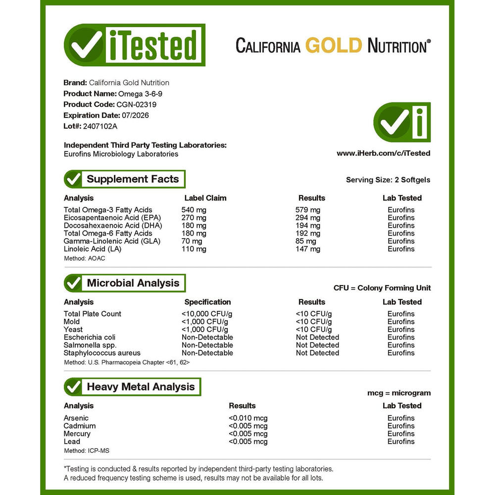 California Gold Nutrition, омега-3, 6 и 9, с рыбьим жиром с омега-3 и маслом семян бурачника, ЭПК, ДГК, ГЛК и линолевая кислота, натуральный лимон, 180 капсул из рыбьего желатина