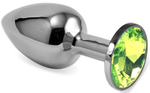 Серебристая гладкая анальная пробка с салатовым кристаллом - 8,5 см. (Цвет: салатовый)