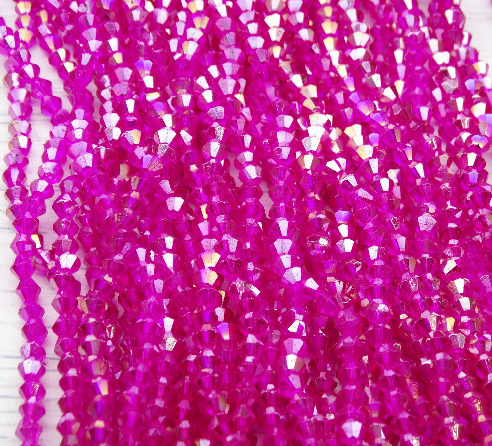 ББ014ДС4 Хрустальные бусины "биконус", цвет: малиновый AB прозр., размер 4 мм, кол-во: 95-100 шт.